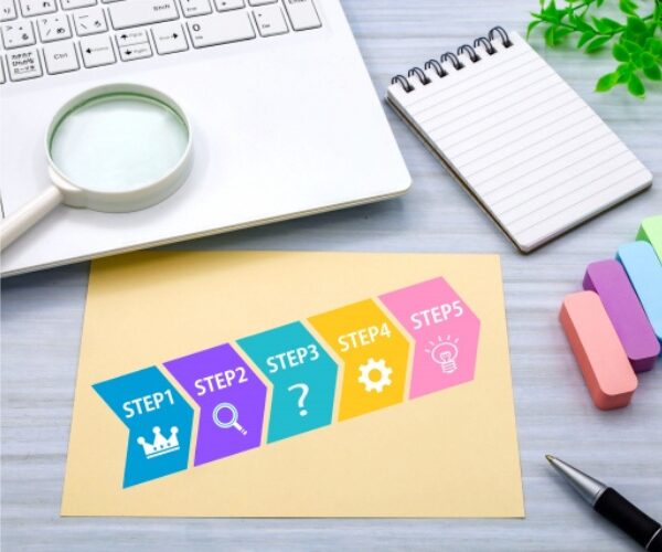 パソコンとノート、“マインドSTEP”と書かれた用紙が並ぶ学習スペース